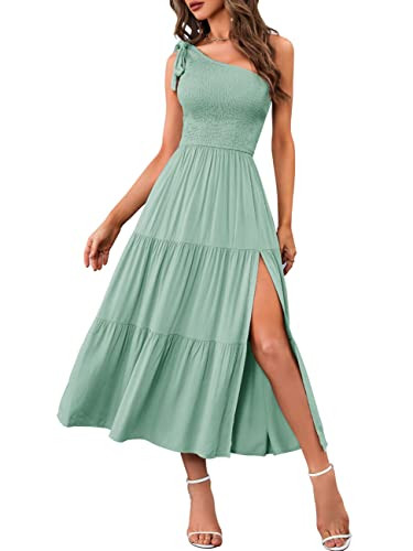MEROKEETY Women's Summer Bohemian One Shoulder Sleeveless Split Flowy Pleated Midi Dress,Sage,XL | Amazon (US)