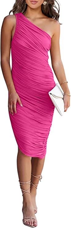 PRETTYGARDEN Women's Ruched Bodycon Dress 2023 Summer One Shoulder Sleeveless Party Cocktail Penc... | Amazon (US)