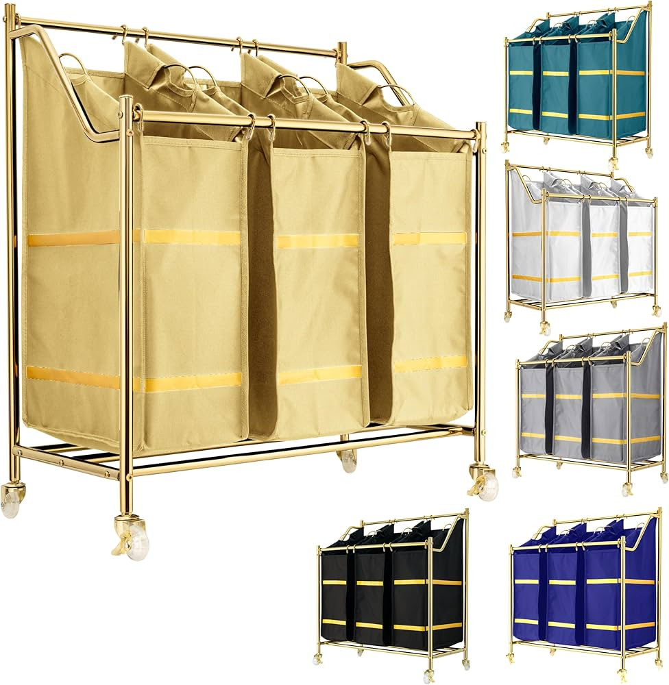 LUXURY STYLE 3- Sections Laundry Sorter, Roling Organizer Cart, Modern Golden Laundry Hamper, 3-B... | Amazon (US)