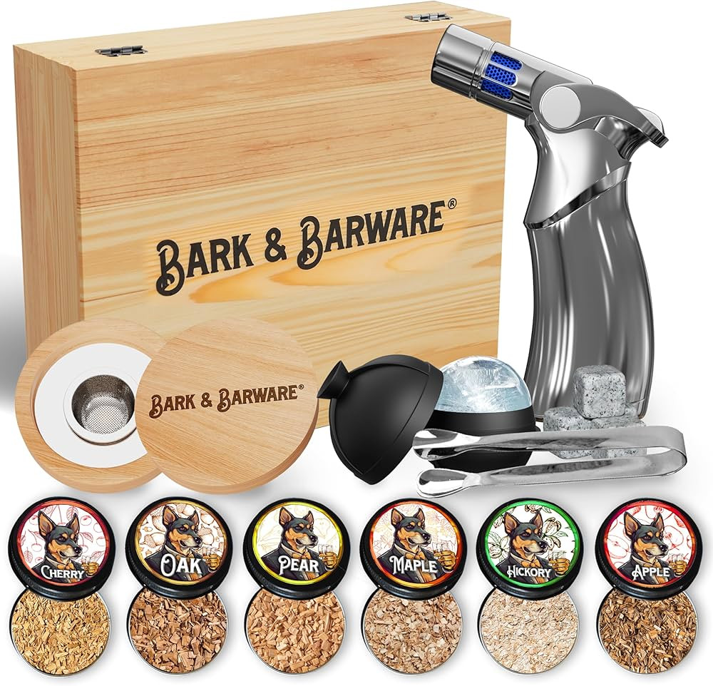 Bark & Barware Premium Cocktail Smoker Kit with Torch - Brown Wood Box, Silver Tools, 6 Flavors Wood Chips - Old Fashion Bourbon Smoker Kit - Smoking Cocktails, Drinks & Mixology (no butane) | Amazon (US)