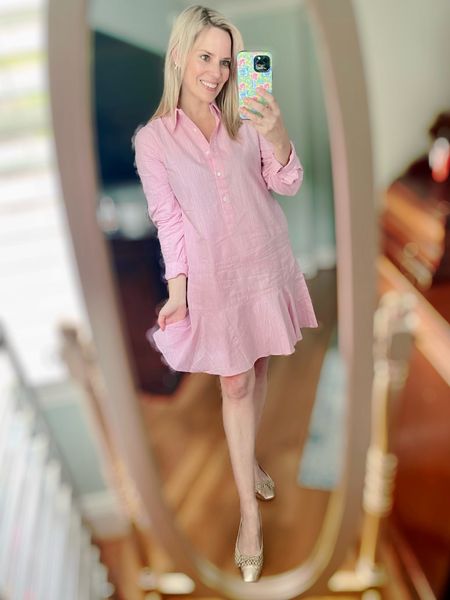 Pink ruffle hem shirt dress, ballet flats, classic dress, preppy dress 

#LTKFindsUnder100 #LTKFindsUnder50 #LTKOver40