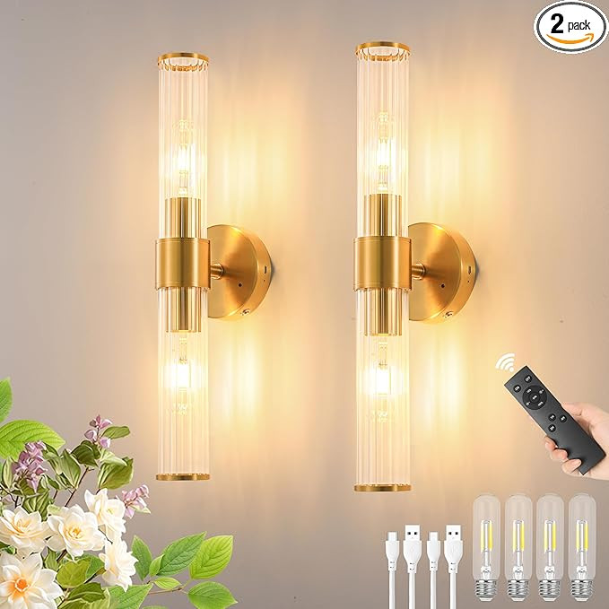 Morauroral Gold Battery Operated Wall Sconces Set of Two, Rechargeable Wall Sconce with Dimmable ... | Amazon (US)