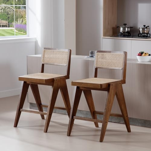 ZH4YOU 26" Rattan Counter Height Bar Stools Set of 2, Mid-Century Modern Counter Stools with Cane Seat Retro Bar Chairs Island Chairs with Footrest Wood Frame for Kitchen Island/Home Bar/Pub, Walnut | Amazon (US)