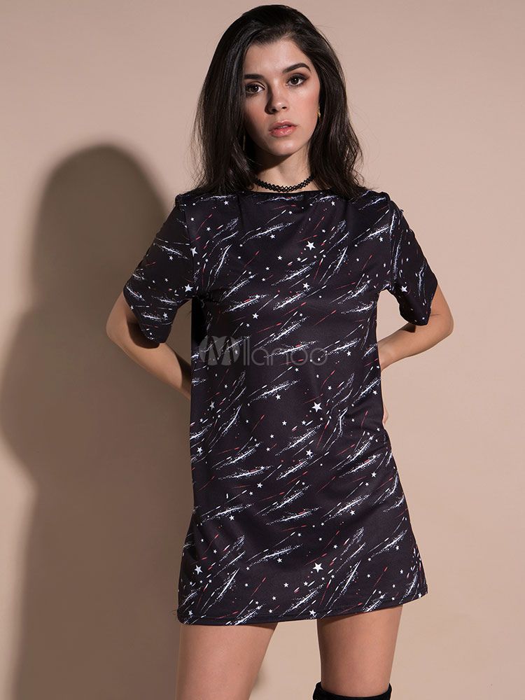 Black T Shirt Dress Short Sleeve Printed Summer Dress Women Mini Dress | Milanoo