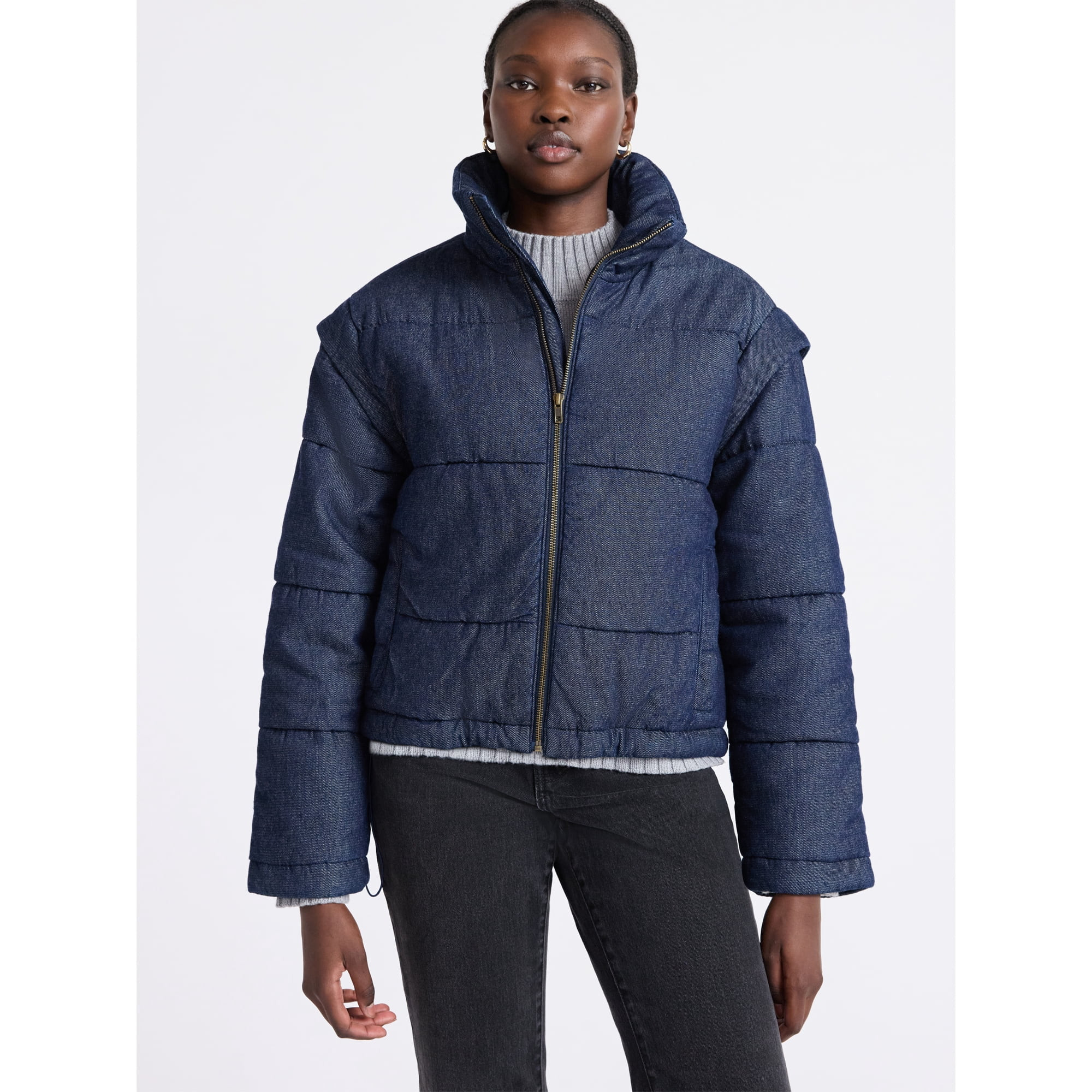 Free Assembly Women's and Women's Plus Short Denim Puffer Jacket, Sizes XS-4X | Walmart (US)