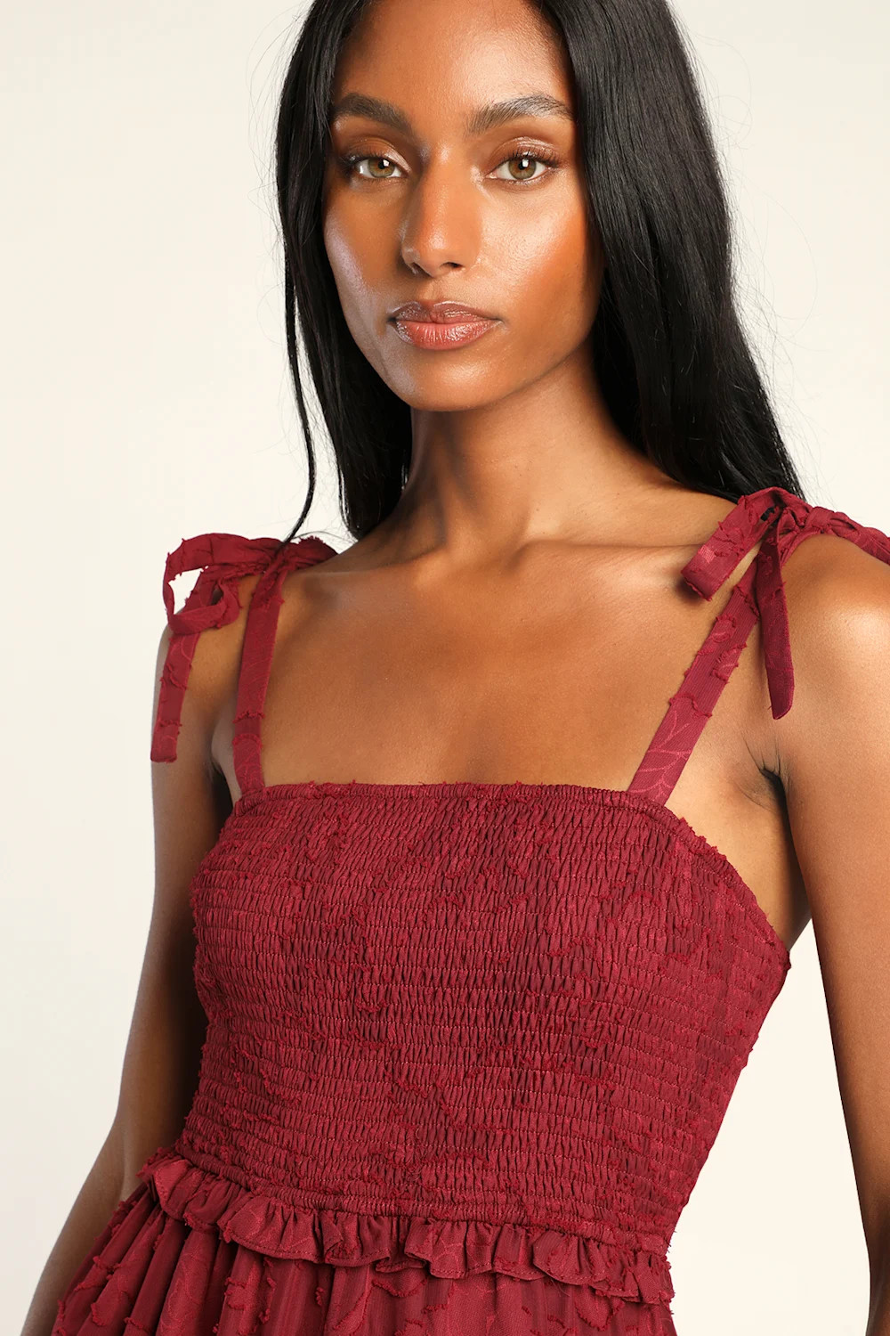Float to Love Burgundy Jacquard Smocked Tie-Strap Midi Dress | Lulus (US)