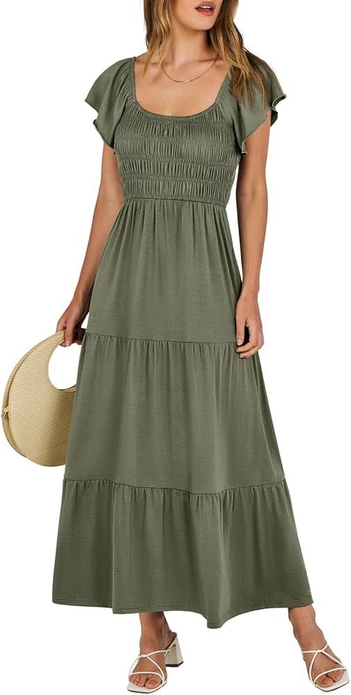 ANRABESS Women’s 2024 Summer Casual Maxi Dress Flutter Sleeve Scoop Neck Smocked Tiered A Line ... | Amazon (US)