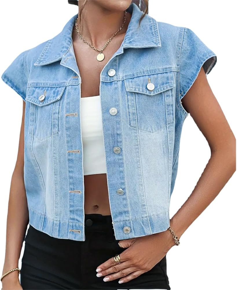 LifeShe Womens Vintage Denim Vest Button Down Short Sleeve Jean Waistcoat Jacket | Amazon (US)