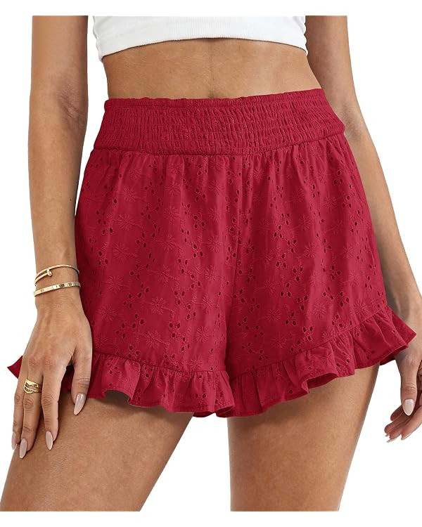 PRETTYGARDEN Shorts for Women, Dressy Casual Elastic Waist Ruffle, Embroidered Soft 2026 Summer B... | Amazon (US)