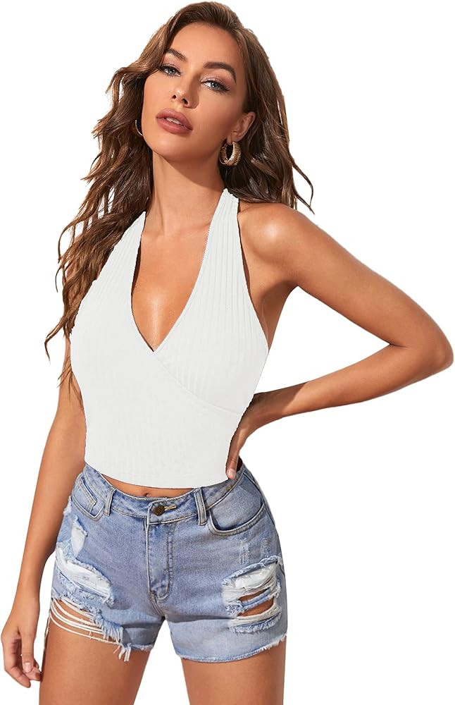 Verdusa Women's Basic Sleeveless Deep V Neck Backless Halter Crop Tank Top Black XS | Amazon (US)