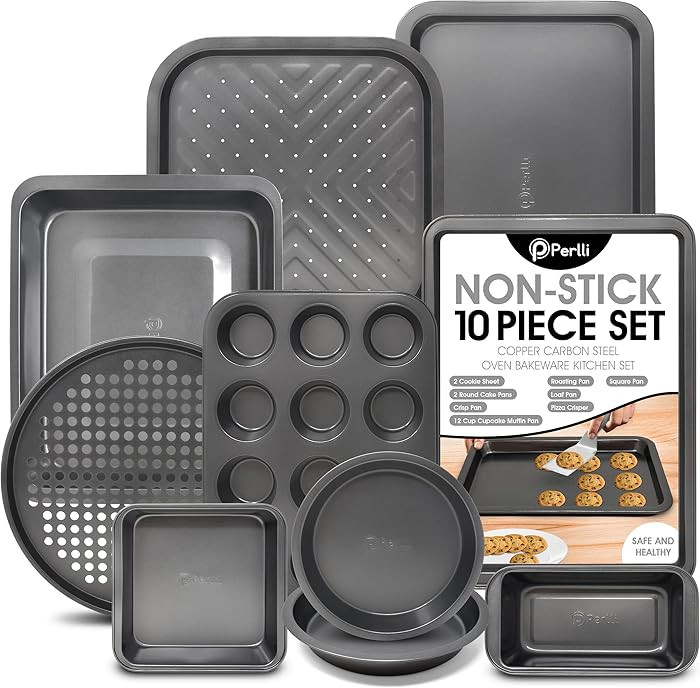 Perlli Baking Pan 10 Piece Set Nonstick Carbon Steel Gray Oven Bakeware Kitchen Set, 2 Cookie She... | Amazon (US)