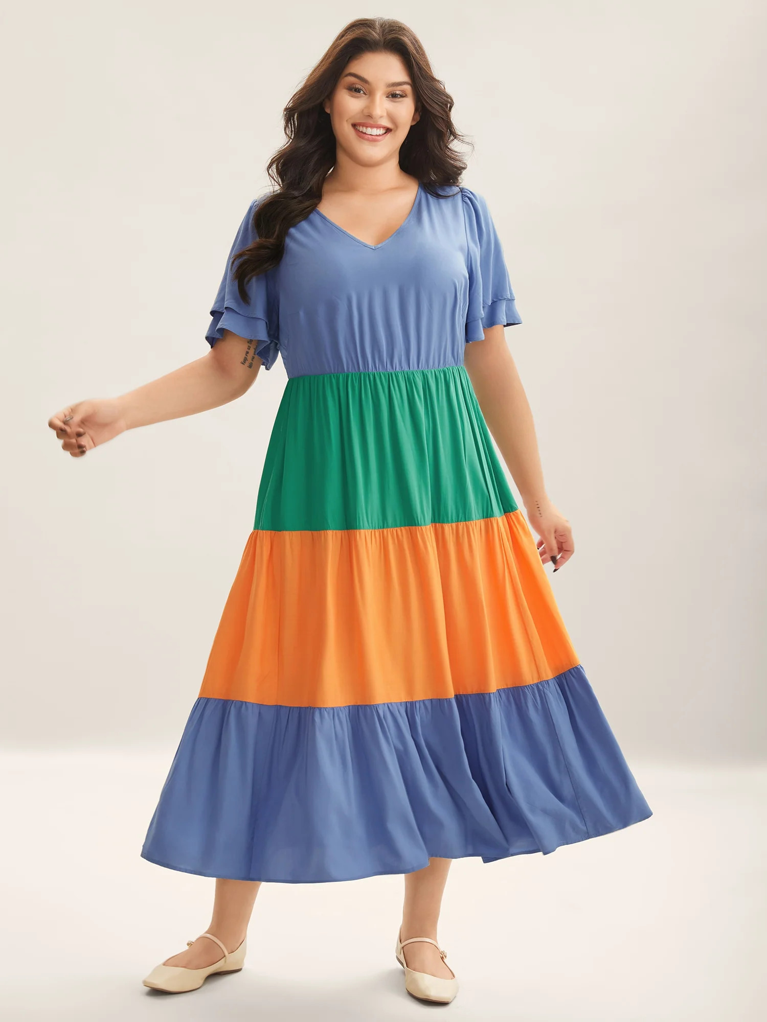 Rayon Color Block Layered Sleeve Maxi Dress | Bloomchic