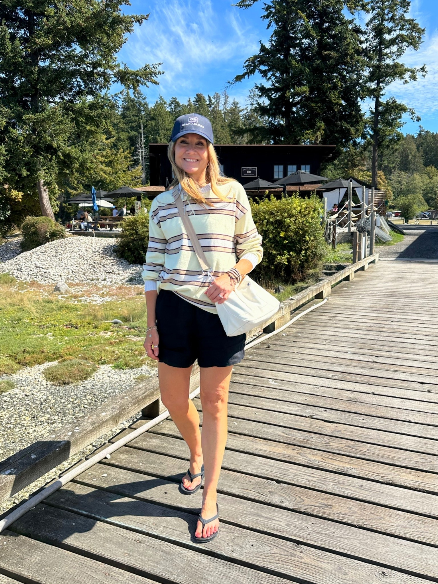 Boat outfit of the day: @Aerie striped sweater with @Quince linen shorts and Quilted Koala canvas tote bag. Wearing xs in swans small in shorts.

#LTKootd #LTKTravel #LTKOver40