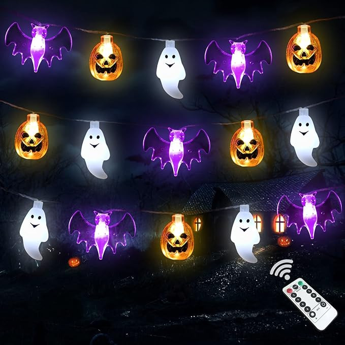 Halloween Lights, 16FT 30 LED Waterproof 3D Pumpkin Bat Ghost Battery Operated String Lights with... | Amazon (US)