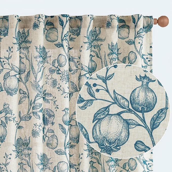 jinchan Linen Curtains Floral Curtains for Living Room 84 Inch Long Blue French Curtains Rod Pock... | Amazon (US)