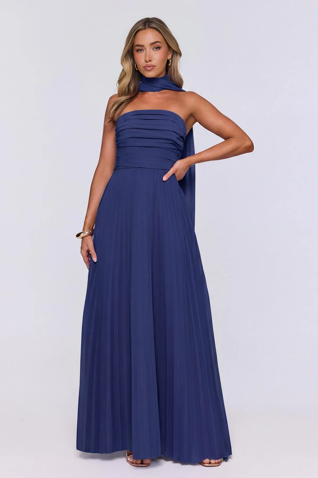 Sugar Babe Strapless Pleated Maxi Dress Navy | Hello Molly (US)