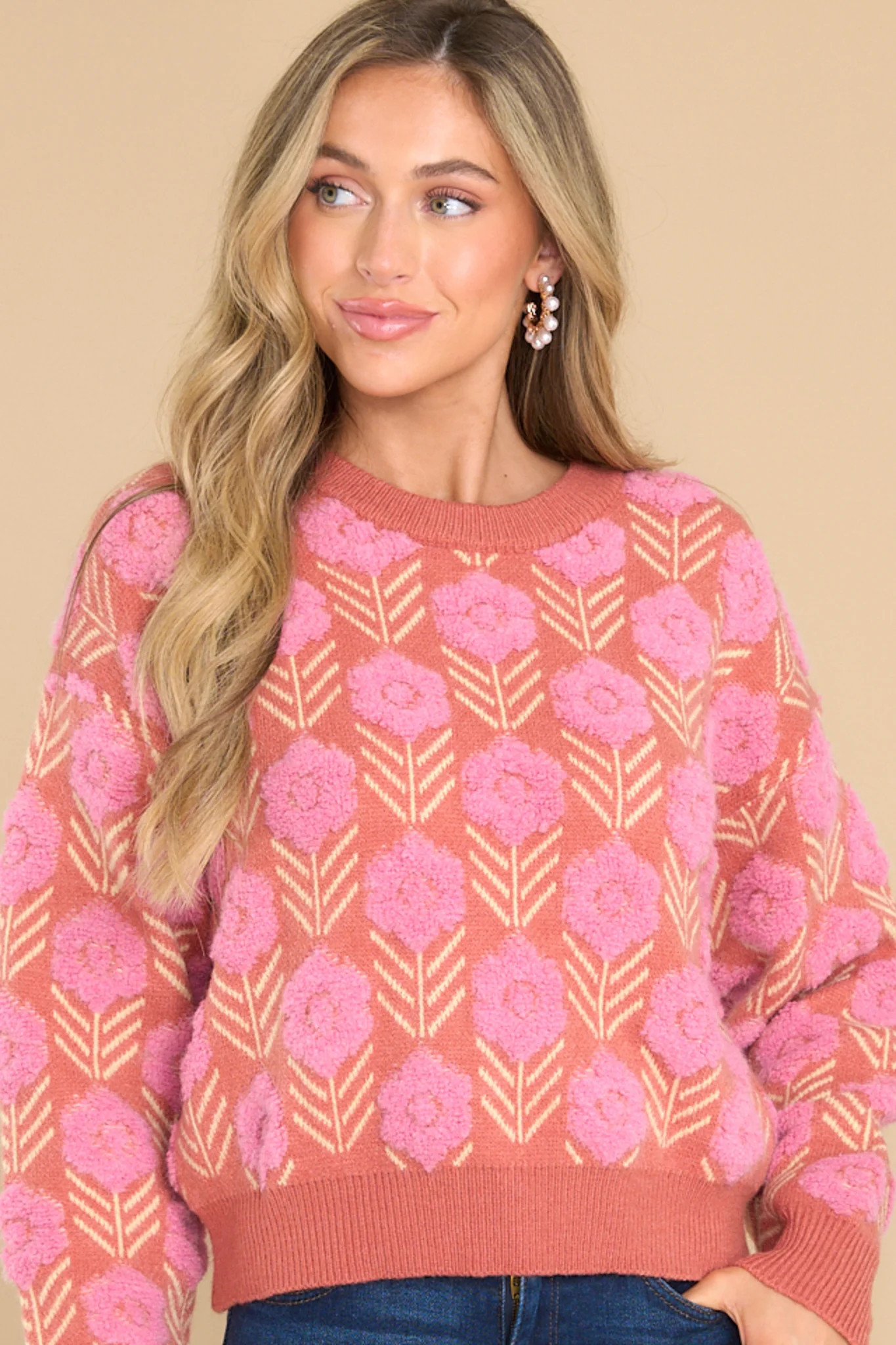 Used To You Dark Coral Floral Print Sweater | Red Dress 