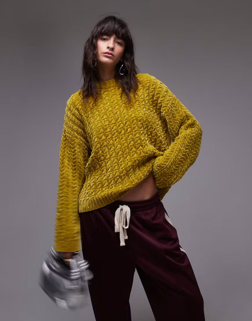 Topshop knitted chunky oversized cable chenille sweater in chartreuse-Yellow | ASOS (Global)