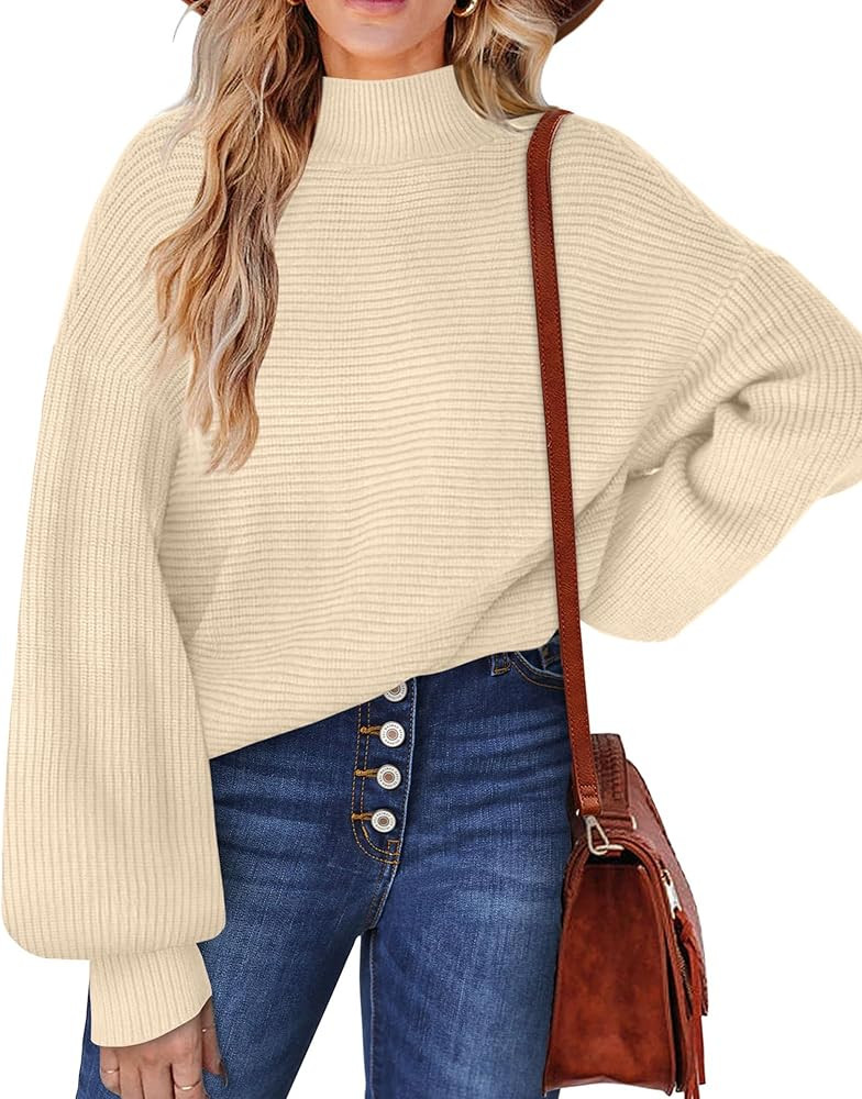 OFEEFAN Women's Sweaters Turtleneck Lantern Sleeve Oversized Ribbed Knit Fall Tops | Amazon (US)