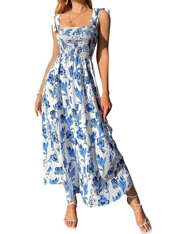 MakeMeChic Women's Summer Boho Dress Casual Floral Print Spaghetti Strap Square Neck Long Maxi Dr... | Amazon (US)