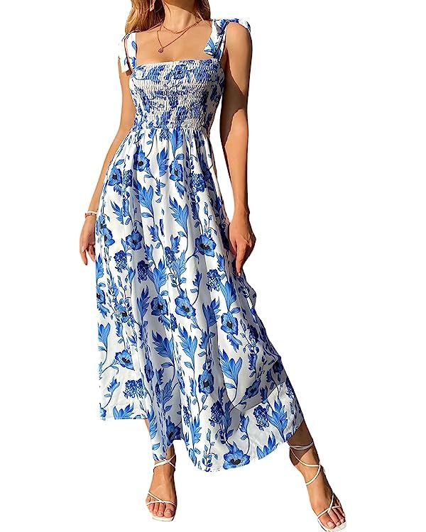 MakeMeChic Women's Summer Boho Dress Casual Floral Print Spaghetti Strap Square Neck Long Maxi Dr... | Amazon (US)