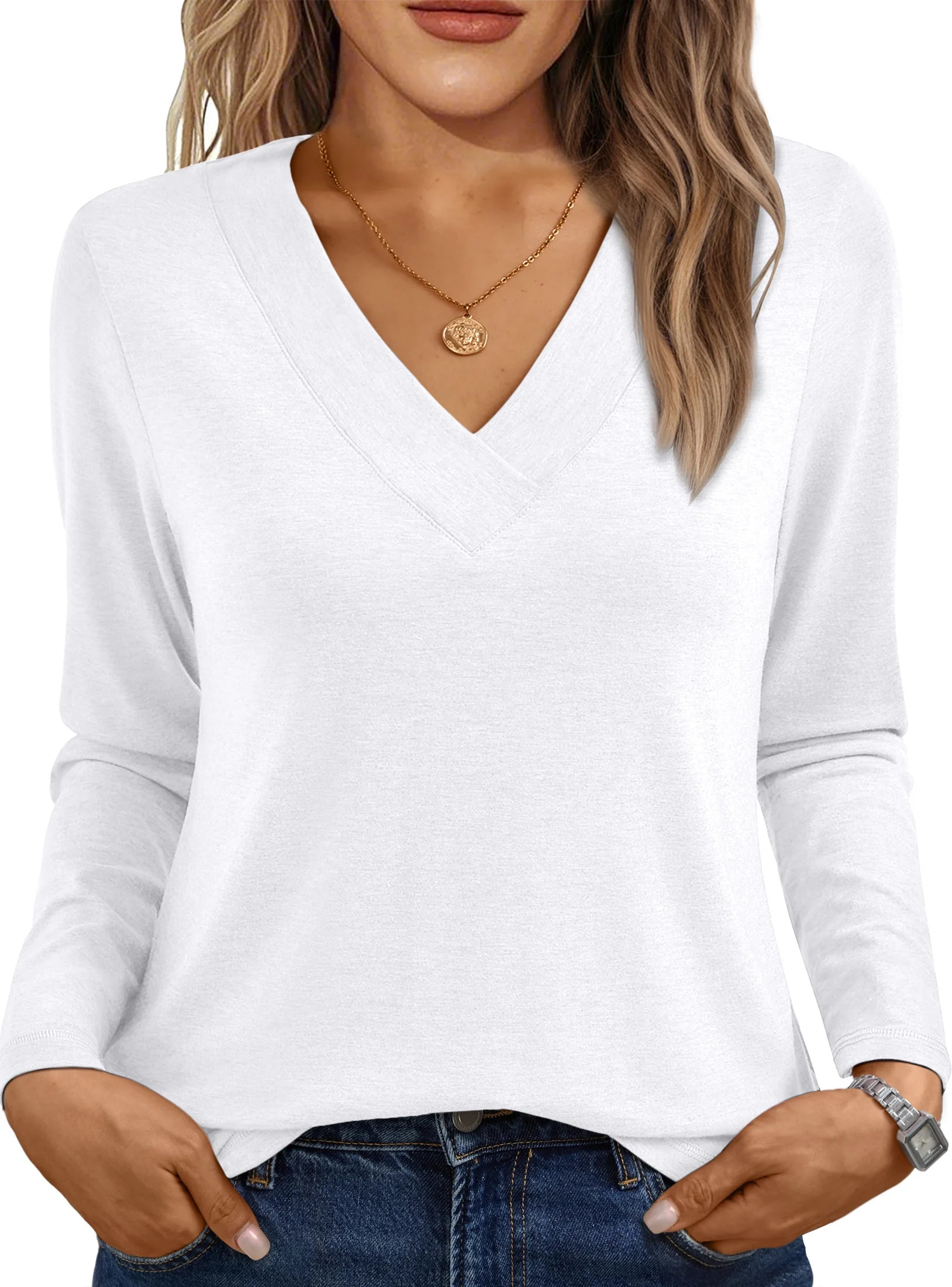 SUNBS Long Sleeve Shirts for Women Tops V Neck Casual Top Comfortable Shirt Soft Basic Tees Women... | Walmart (US)