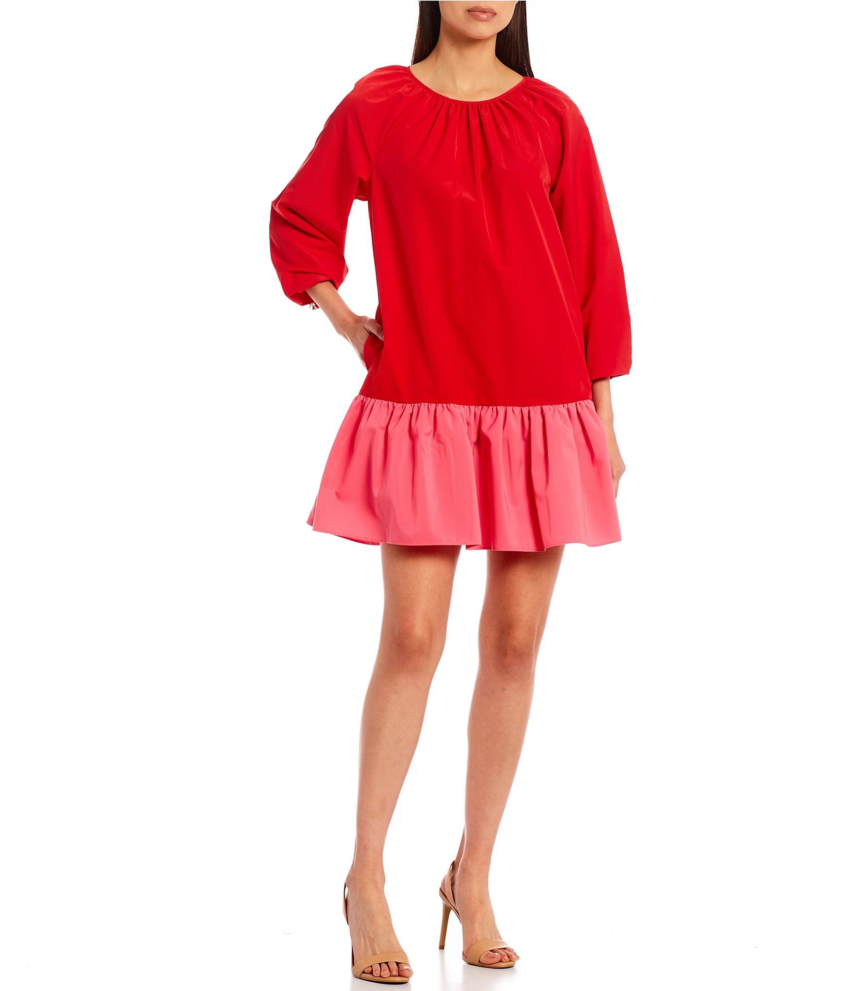 Rachel Color Block Jewel Neck 3/4 Sleeve Ruffled Poof Swing Dress | Dillards