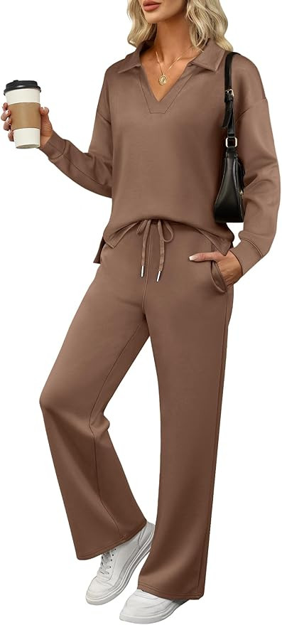 ANRABESS Women's 2 Piece Outfits Lounge Sets Casual Long Sleeve Sweatsuits Polo Top Wide Leg Pant... | Amazon (US)