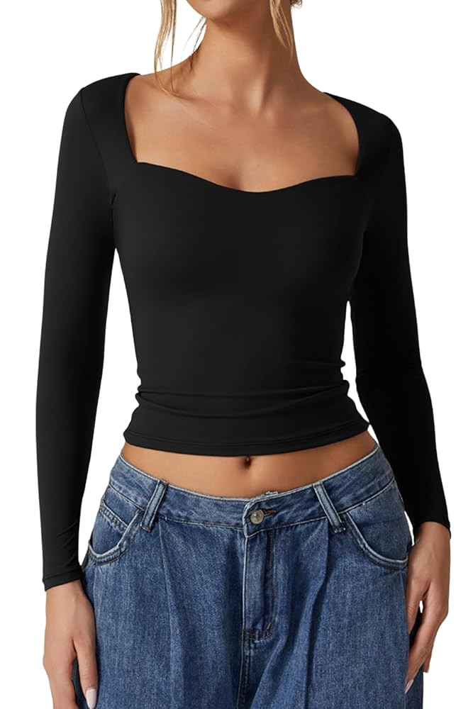 QINSEN Womens Slimming Fit Sweetheart Neck Long Sleeve Basic Crop Tops Stretch Going Out Tee Shir... | Amazon (US)