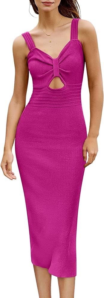 MIHOLL Women's Summer Knit Midi Dress Cutout Bodycon Dress Sleeveless Ribbed Sweater Dresses | Amazon (US)