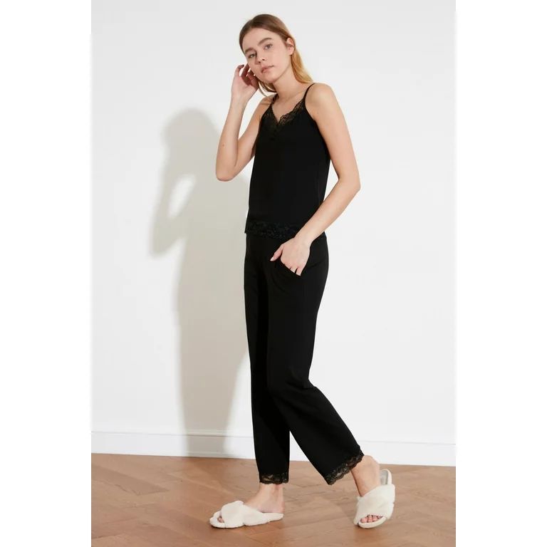 Trendyol Women Straight Lacework/Mesh/Net Detailed Medium Knitted Camisole -Trousers Pajama Set | Walmart (US)