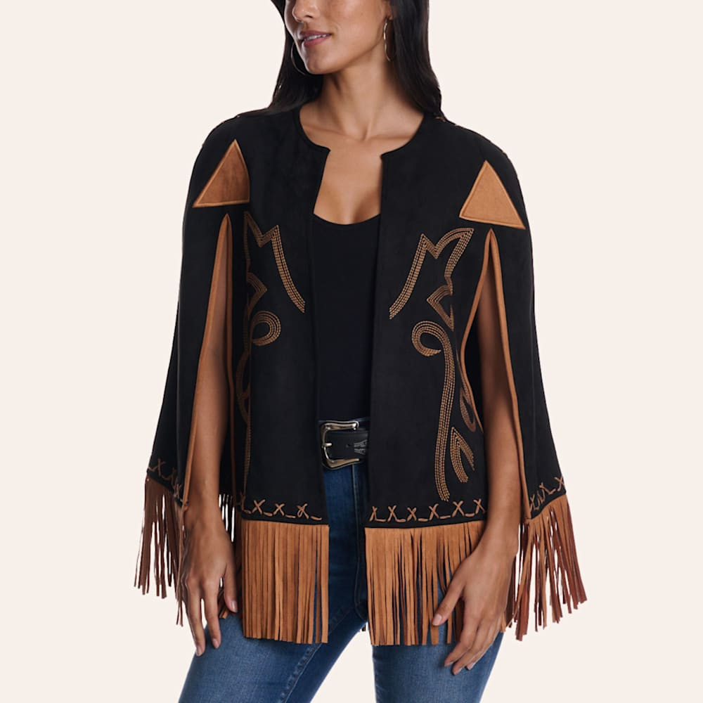 Blue B Women's Black & Camel Embroidered Fringe Poncho | Cavender's