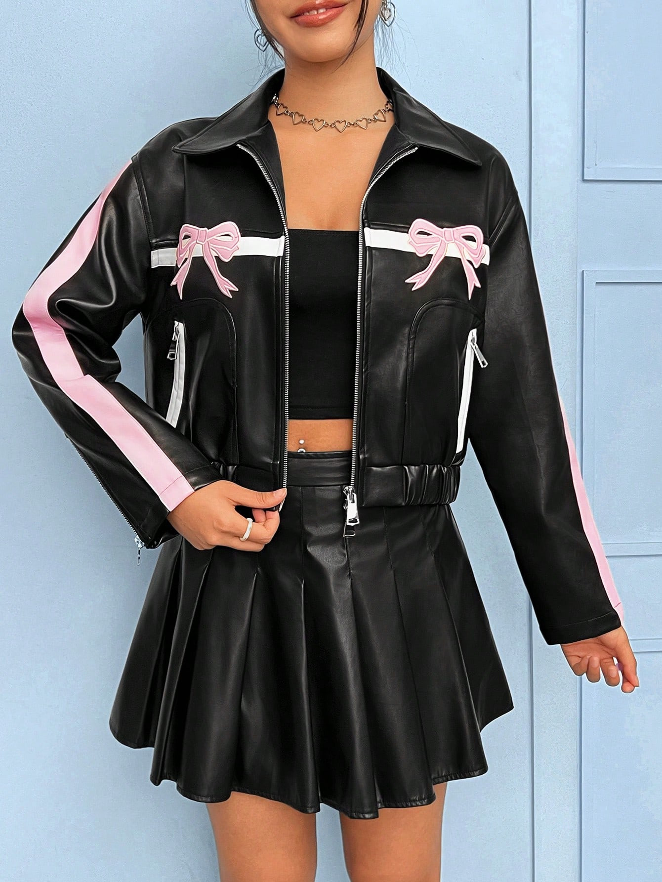 SHEIN Qutie Bow Pattern Contrast Side Seam Zip Up PU Leather Jacket | SHEIN