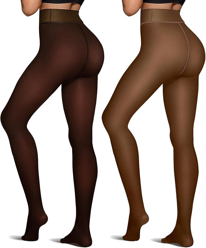 OEAK Womens 2 Pairs Fleece Lined Tights Leggings Sheer Fake Translucent Pantyhose Thermal High Wa... | Amazon (US)
