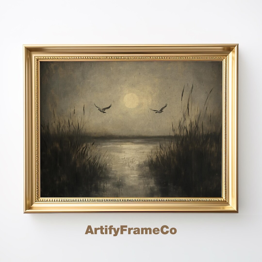Vintage Moonlit Marsh Painting, Wild Ducks Dark Oil Art, Hunting Decor for Office, Printable Digi... | Etsy (US)