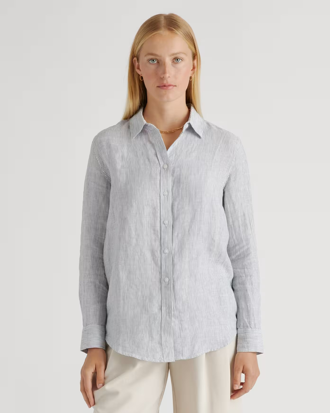 100% European Linen Long Sleeve Shirt in Blue Pinstripe | Quince