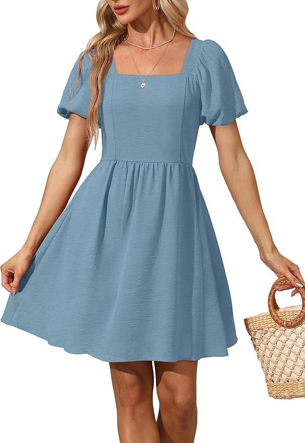 OFEEFAN Women Puff Sleeve Square Neck Tie in Back Dresses with Zipper | Amazon (US)