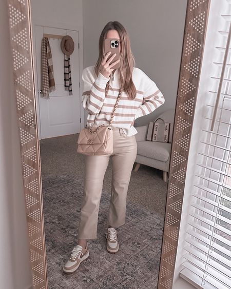 Faux leather pants on sale with mango sweater and Nike Air Force 1 sneakers for chilly spring nights

#LTKworkwear #LTKunder50 #LTKsalealert