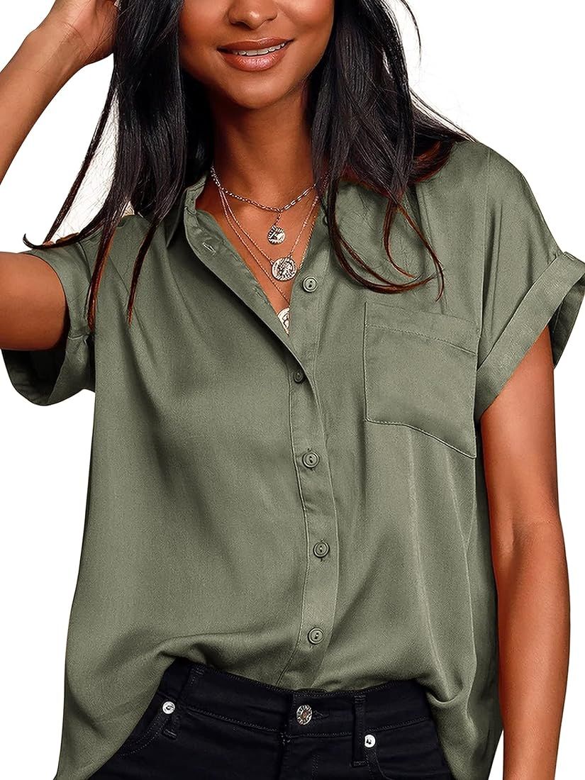 Sucolan Women's Satin Silk Button Down Shirt V Neck Short Sleeve Work Office Blouses Casual Shirt... | Amazon (US)