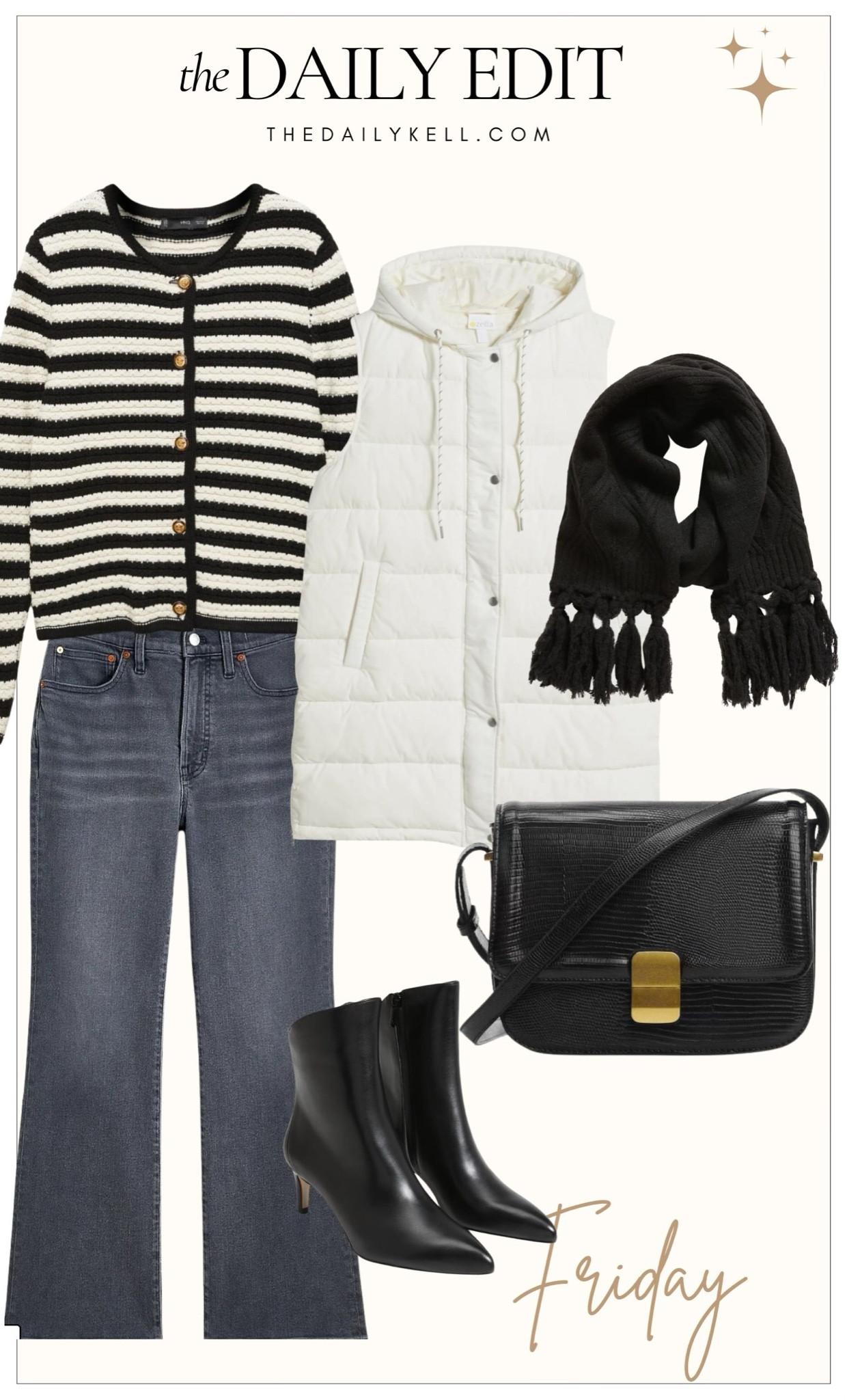 Friday’s daily outfit is an elevated, casual look pairing denim with a classic striped cardigan.  The vest keeps it more casual while the leather booties and handbag give it a little lift.  

#LTKSeasonal #LTKstyletip #LTKover40