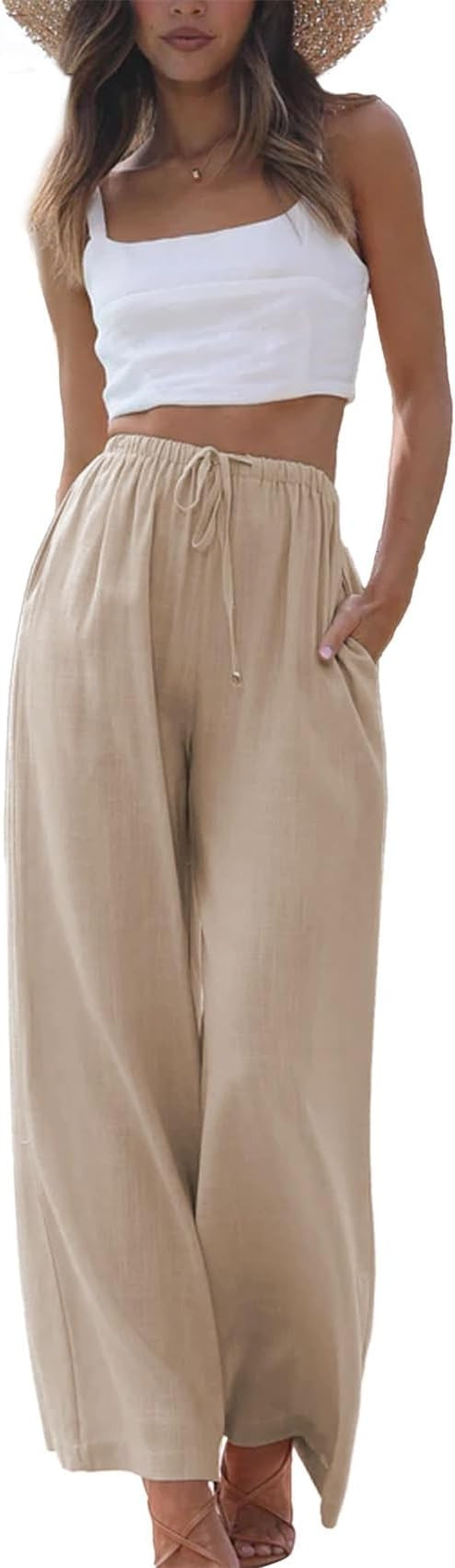 Duyang Womens Cotton Linen Palazzo Pants Drawstring Elastic Waist Casual Wide Leg Trousers with P... | Amazon (US)