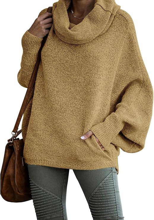 Womens Cowl Neck Pullover Sweaters with Pockets Lantern Long Sleeve Knit Casual Loose Bat Tunic J... | Amazon (US)