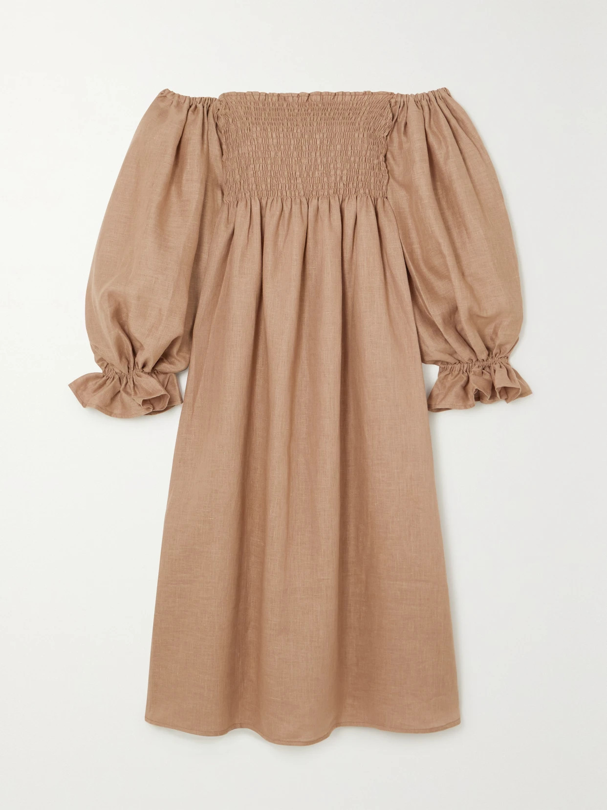 Sleeper - Atlanta Off-the-shoulder Shirred Linen Midi Dress - Brown | NET-A-PORTER (US)