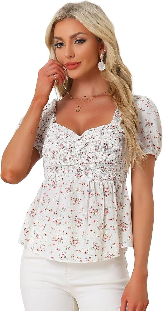 Allegra K Puff Short Sleeve Floral Blouse for Women's Sweetheart Neck Shirred Ruffle Peplum Top | Amazon (US)