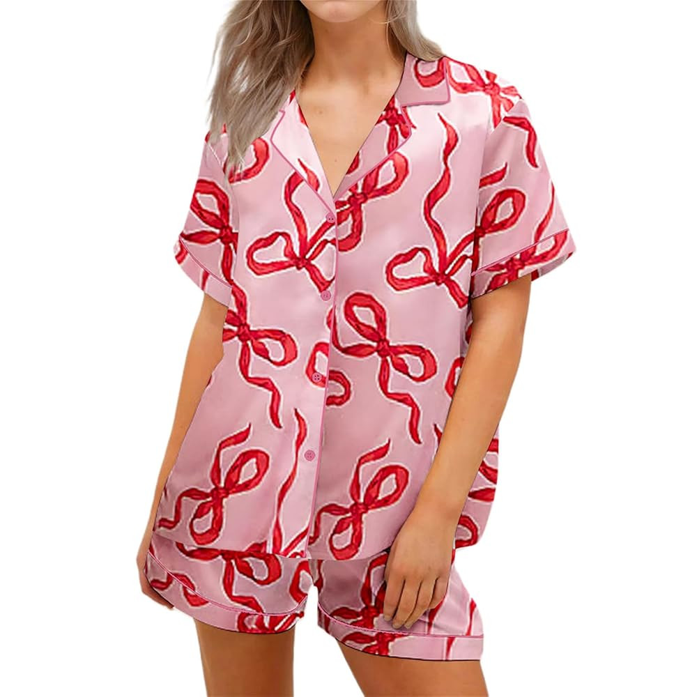 Tenopuli Women Silk Satin Pajama Set Cute Bow Print Button Down Top and Shorts Sleepwear Valentin... | Amazon (US)