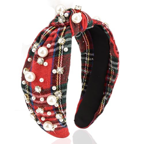 Uintoon Christmas Headband for Women Pearl Knotted Headband Sparkly Rhinestone Pearls Top Knotted Headbands Holiday Headbands Fashion Accessories Cute Red Plaid Hair Bands for Women Girls | Amazon (US)