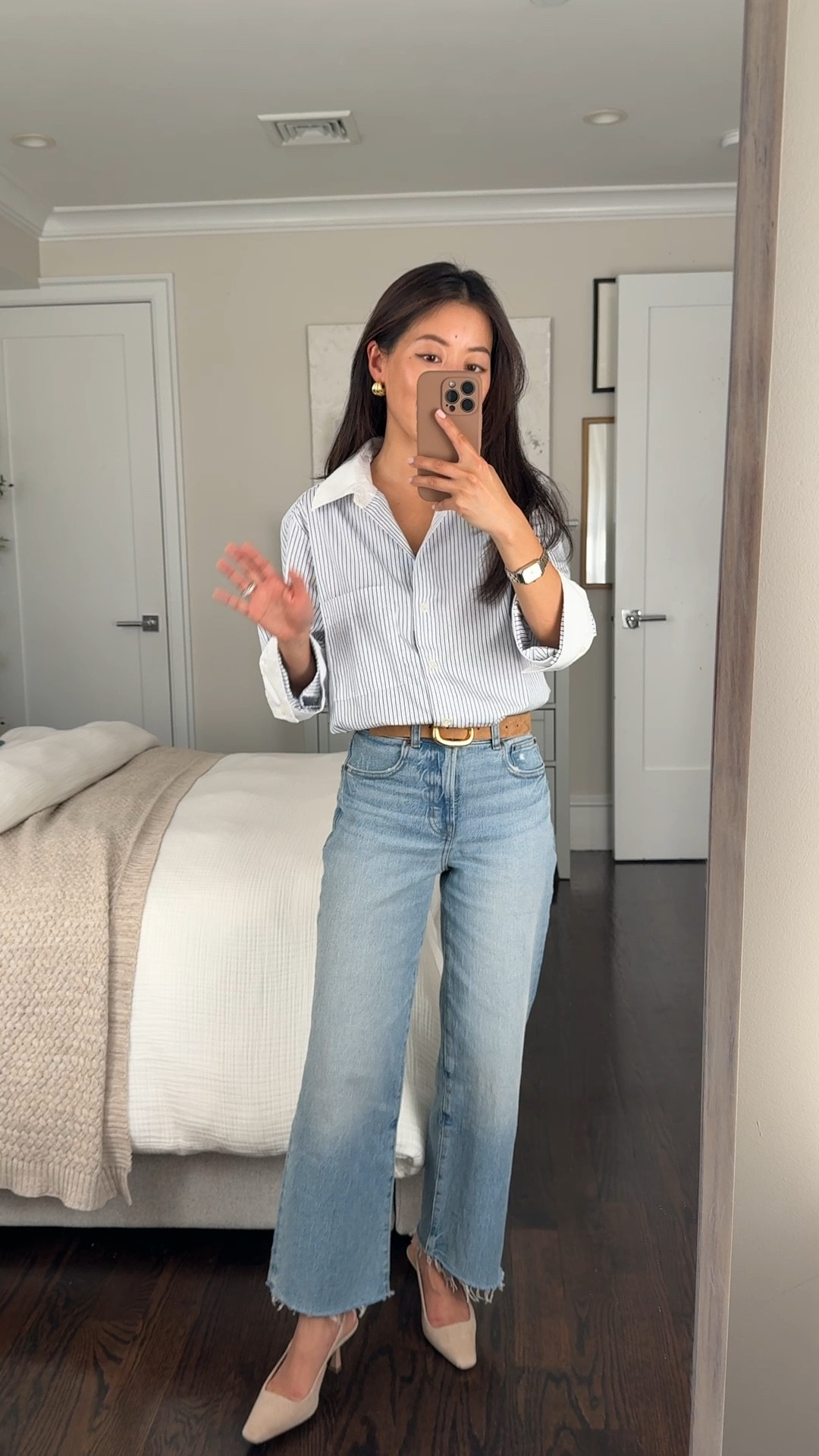 Madewell springs staples - causal office outfit with jeans 

• Easy Y-Neck Button-Up shirt in stripe xxs . The material has a crisp button down feel yet is pliable and comfy, and I especially like the clever sleeve button design to keep the sleeve neatly cuffed up all day. 

Length of the shirt torso also isn’t too long so it’s easy to tuck.

• Madewell perfect vintage wide crop jeans 24 petite - a flattering longtime favorite of mine. Has some stretch. Medium blue wash is very versatile. 

For jeans with a raw hem, I use anti fray solution from Amazon on the edges so they don’t unravel further in the wash.

• Sculptural Buckle Belt in cumin xxs 

• old AT slingback kitten heels 

@madewell #madewell #madewellpartner #ad

Petite friendly spring outfits, smart casual workwear #LTKxMadewell 

#LTKPetite #LTKWorkwear