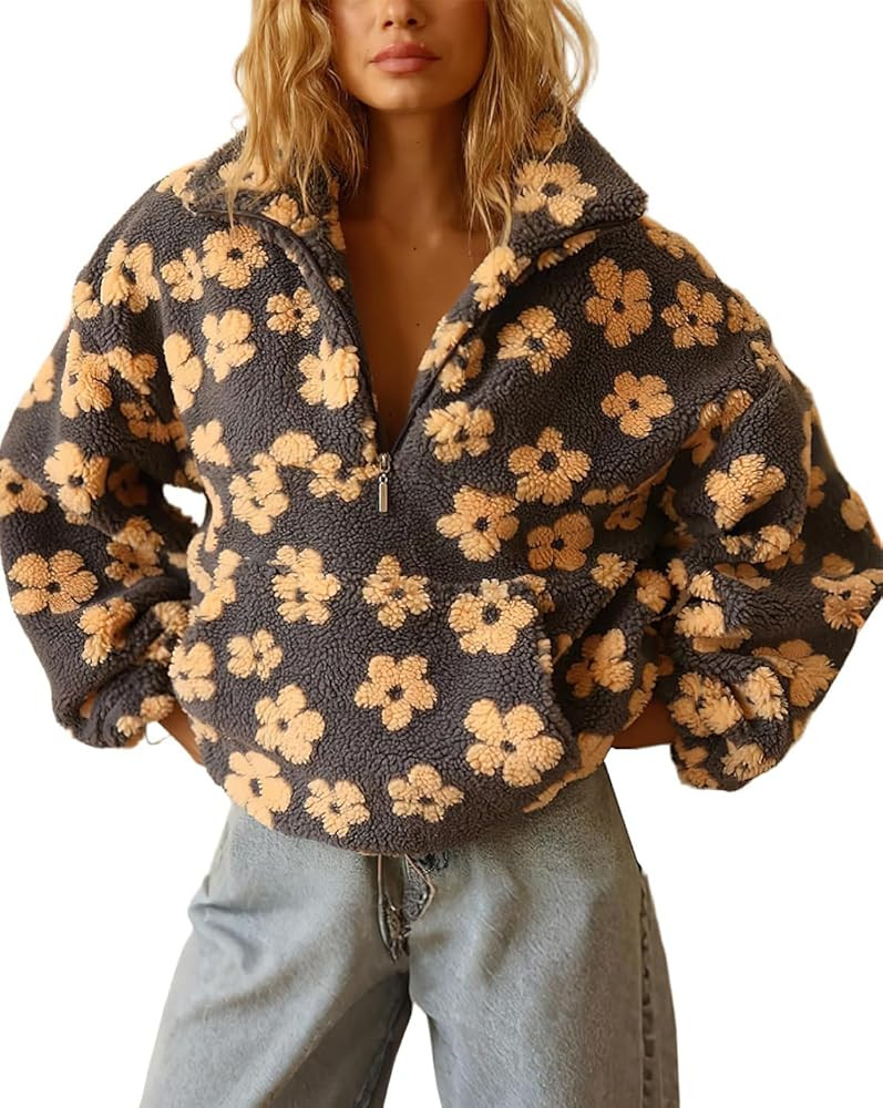 Women's Fall Fleece Sweatshirts Cute Floral Printed Half Zip Pullover Long Sleeve Y2k Sherpa Coat... | Amazon (US)