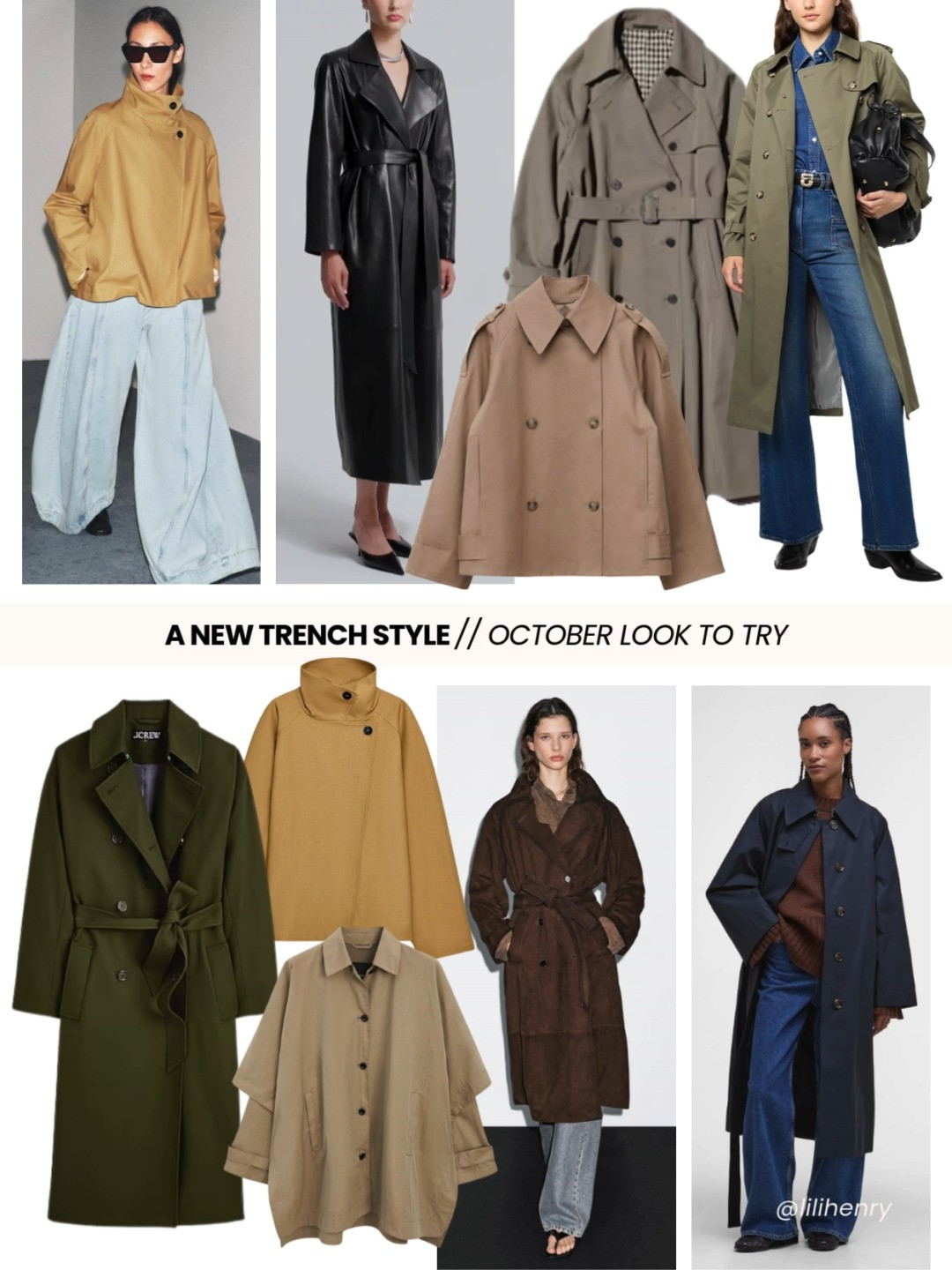 Yes, the beige trench will forever be iconic (Thank you, Audrey Hepburn). But this fall, the trench is getting a serious update... shorter, bolder, richer, and even a little dramatic.

Here’s what to try:

Cropped
A trench… jacket. Keep the classic double-breasted details, just add high-waisted trousers or baggy denim for polish.

Cape Style
Dramatic draping that’s no longer runway-only. Sleek, minimal, and made for the modern dresser.

Leather
Downtown edge meets timeless tailoring. A belted leather trench with a white shirt and midi skirt instantly earns street-style approval.

Suede
Luxe and very ‘70s. Stick to chocolate, mocha, or rust tones and style with modern basics like denim and cashmere (skip the boho overload).

New Neutrals
Navy, gray, or olive give the trench new life while still pairing with everything. Consider it a fresh spin on the classic.

You can find all of the LINKS to shop from Uniqlo and Zara to Massimo Dutti and NOUR HAMMOUR on my LTK. 

Which version are you going to swap in?

Bisous!

Lili
Personal Stylist
SF→NYC  

 #LTKSeasonal #LTKStyleTip #LTKWorkwear