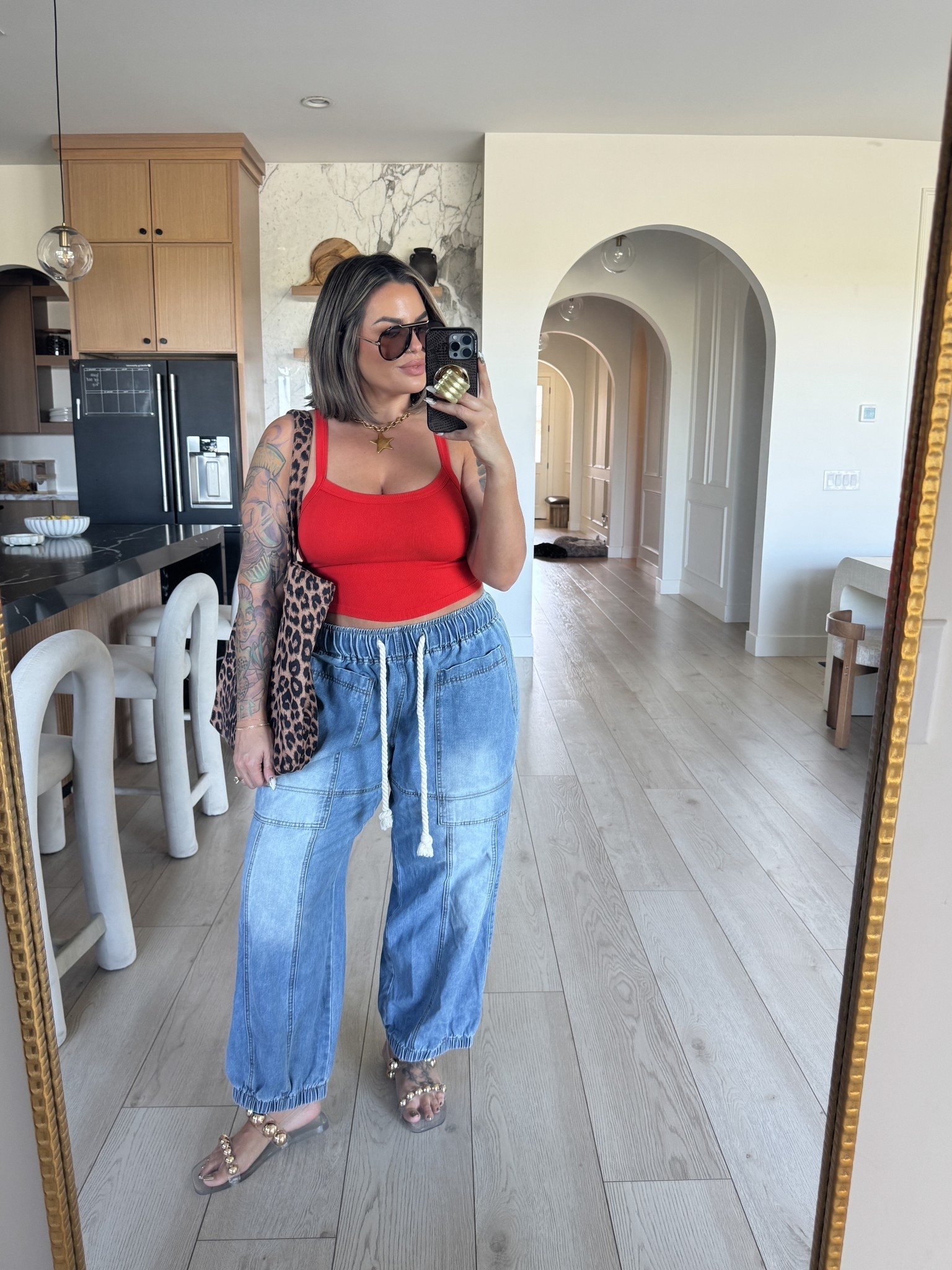 Tank M/L 
Jeans xl 
Sandals might be sold out in the clear but they have other colors 
Also linked other clear sandal sandals 